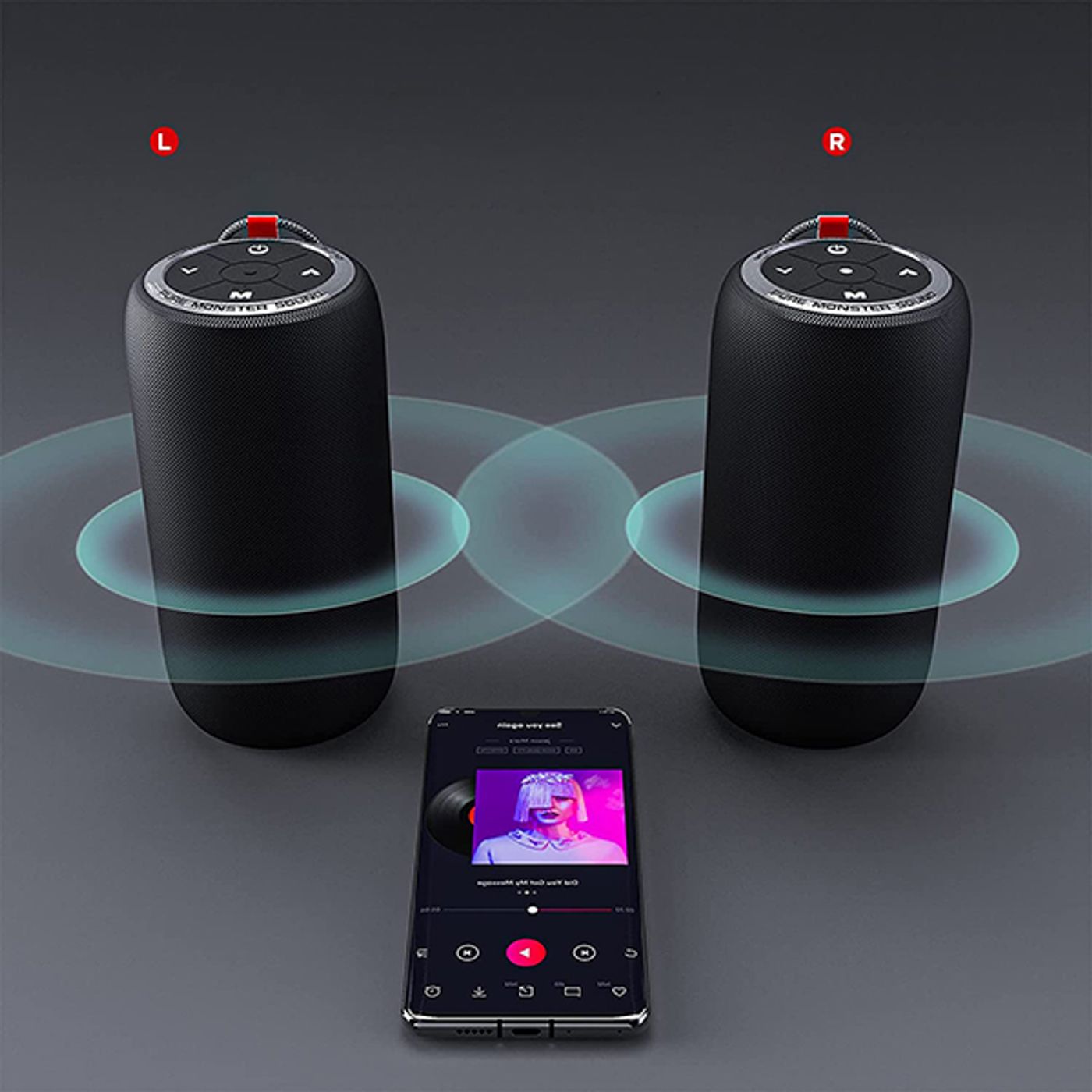 Two Monster S310 speakers paired to play as left and right channels