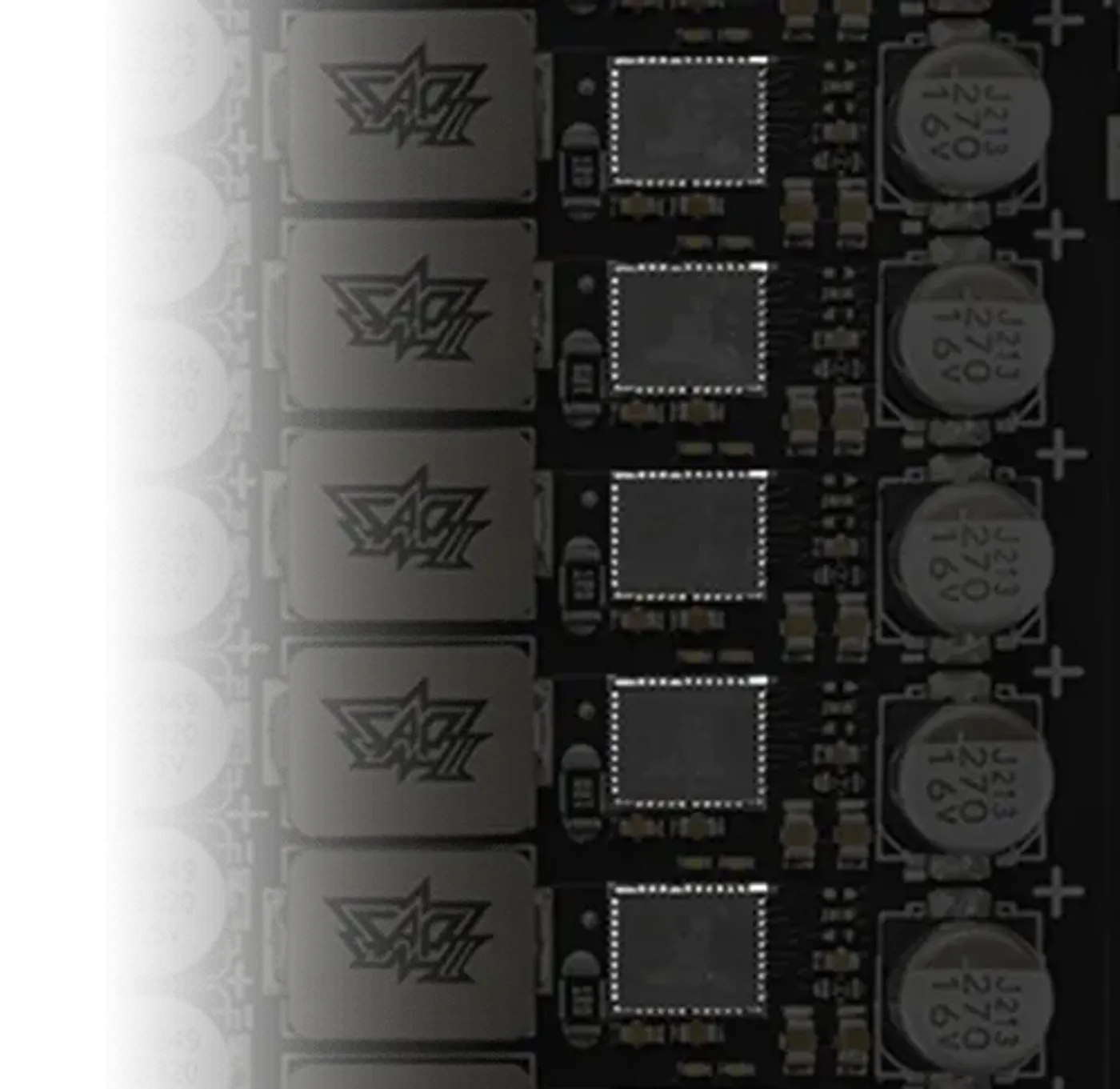 Close-up of 80 Amp MOSFETs illustrating increased power headroom