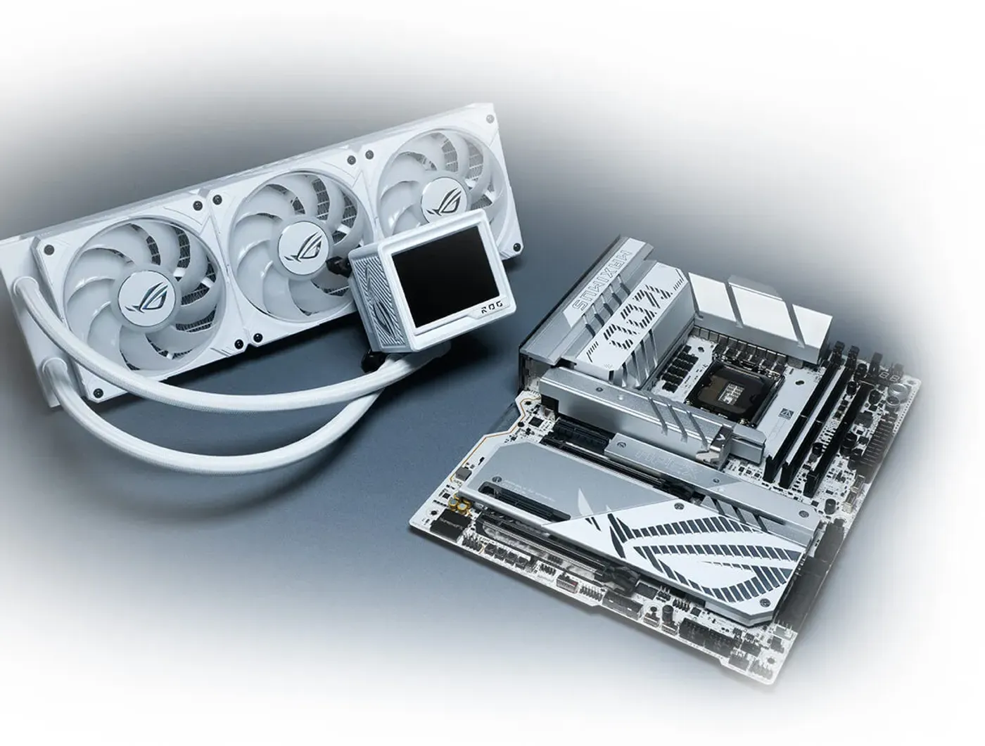 ROG Ryujin III 360 ARGB Extreme White Edition and ROG Maximus Z890 Extreme placed on the desk.