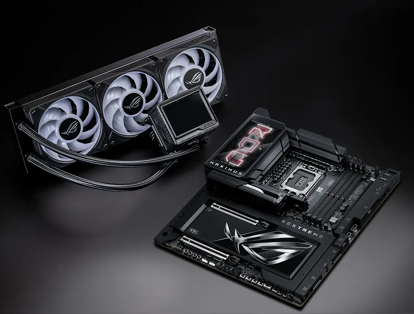 ROG Ryujin III 360 ARGB Extreme and ROG Maximus Z890 Extreme placed on the desk.