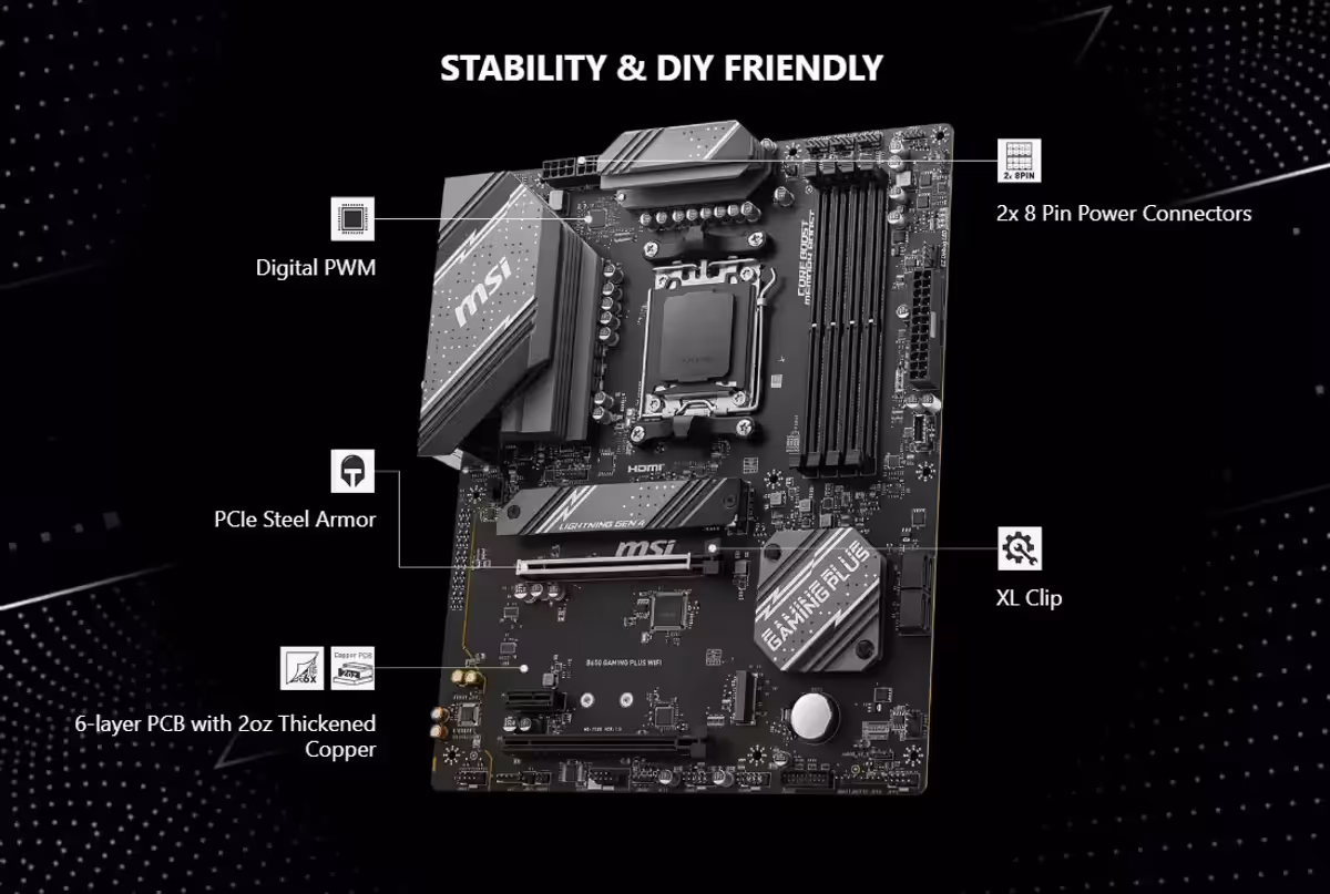 DDR5 memory slots on the MSI B650 Gaming Plus Wi-Fi motherboard
