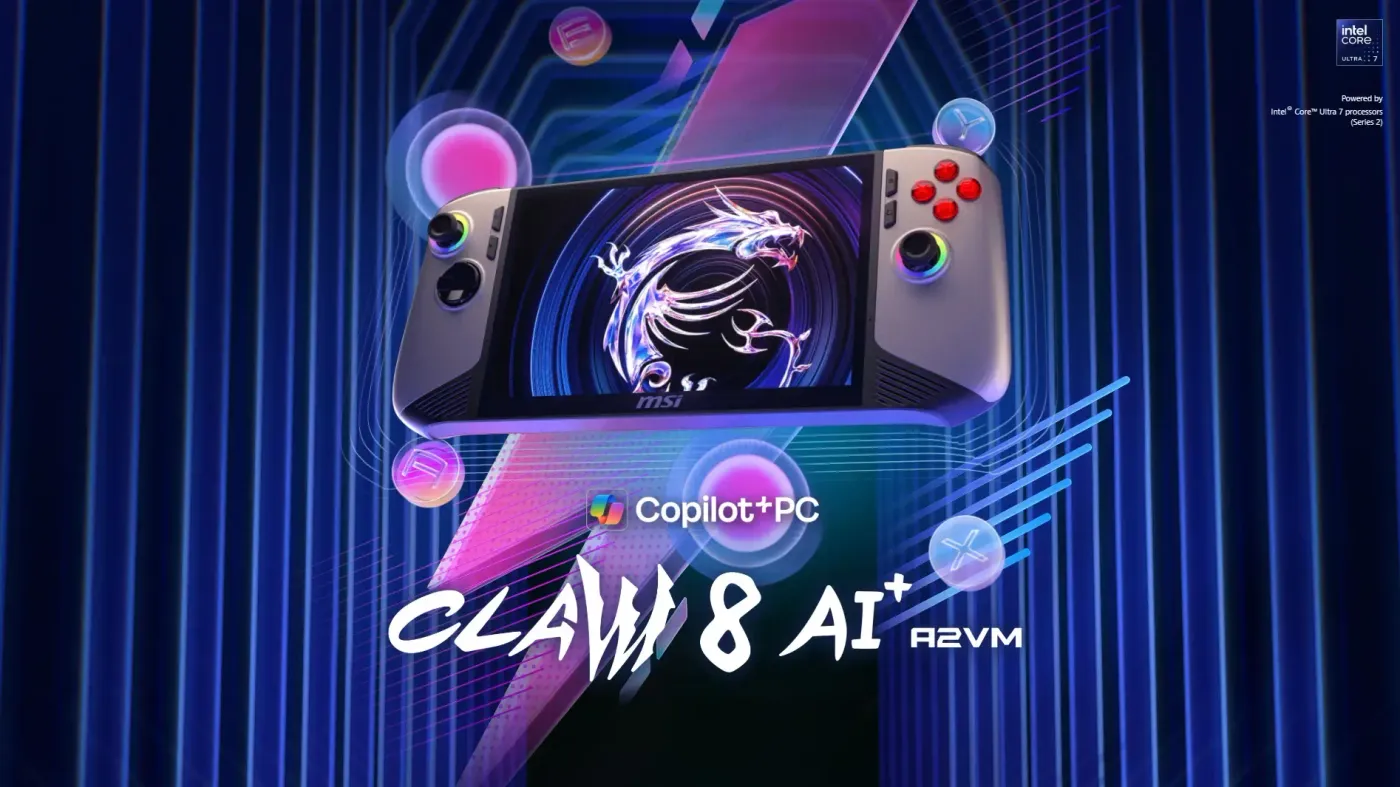 MSI Claw 8 AI+ Handheld Gaming Console showcasing sleek design and 8-inch display