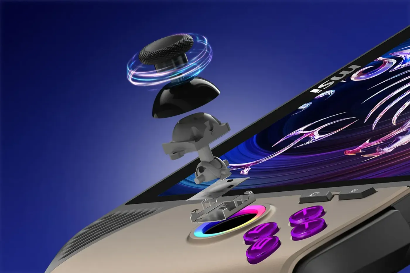 Close-up of MSI Claw 8 AI Plus Hall Effect analog sticks for precise gaming control