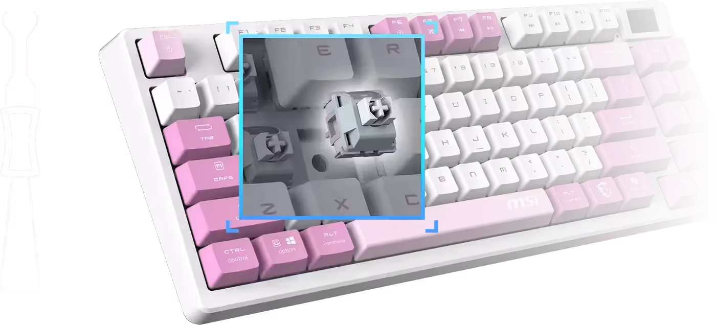 Close-up of the mechanical switches under the MSI Forge GK600 keycaps