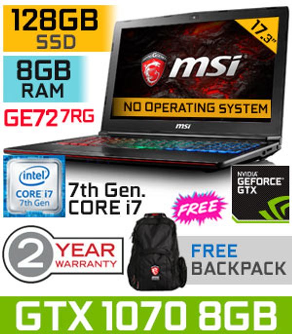MSI GE72MVR 7RG GTX 1070 Gaming Laptop With 128GB SSD