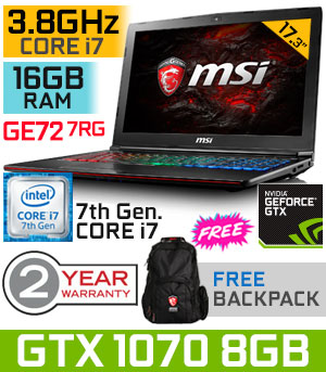 MSI GE72MVR 7RG GTX 1070 Gaming Laptop With 16GB RAM