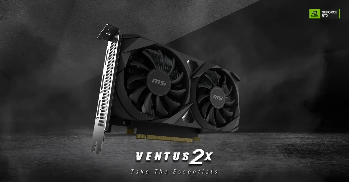 MSI VENTUS graphics card photographed at an angle showing its full length