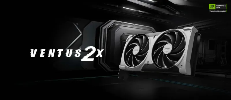 MSI VENTUS 2X dual-fan graphics card shown at an angle against a dark background