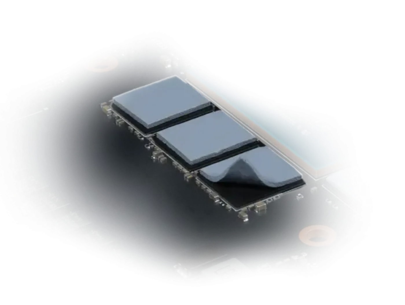 Thermal pads placed over components on the graphics card circuit board