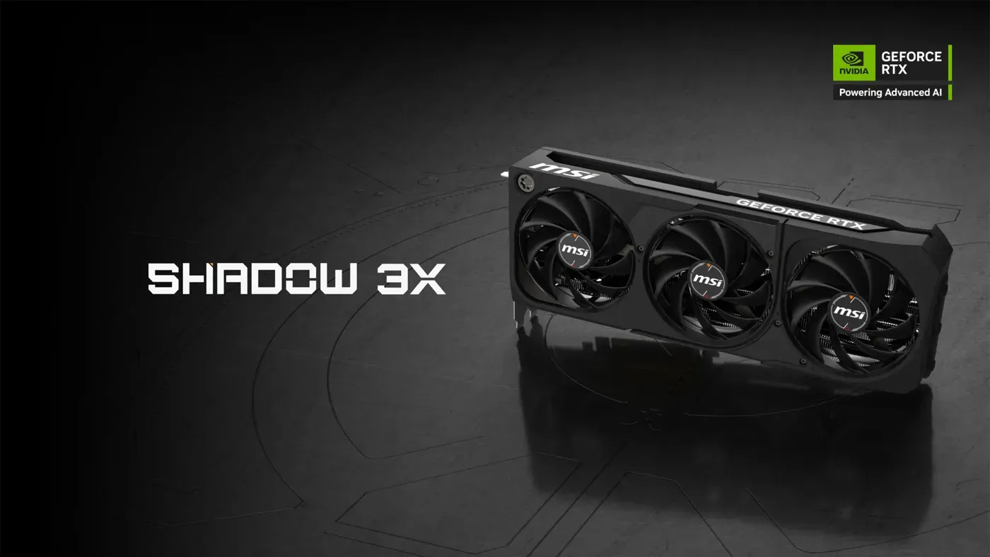 MSI Shadow 3X OC graphics card shown from the front with its triple-fan shroud