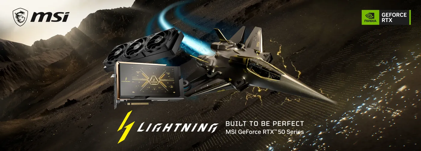 MSI GeForce RTX 5090 LIGHTNING Z graphics card with carbon accents shown beside its liquid cooling radiator