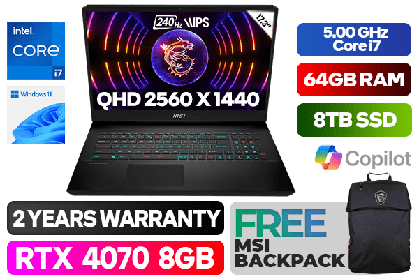 MSI GP77 Vector 13VG Core i7 RTX 4070 Gaming Laptop With 64GB RAM & 8TB SSD - image 1 MSI GP77 Vector 13VG Core i7 RTX 4070 Gaming Laptop With 64GB RAM & 8TB SSD - image 1