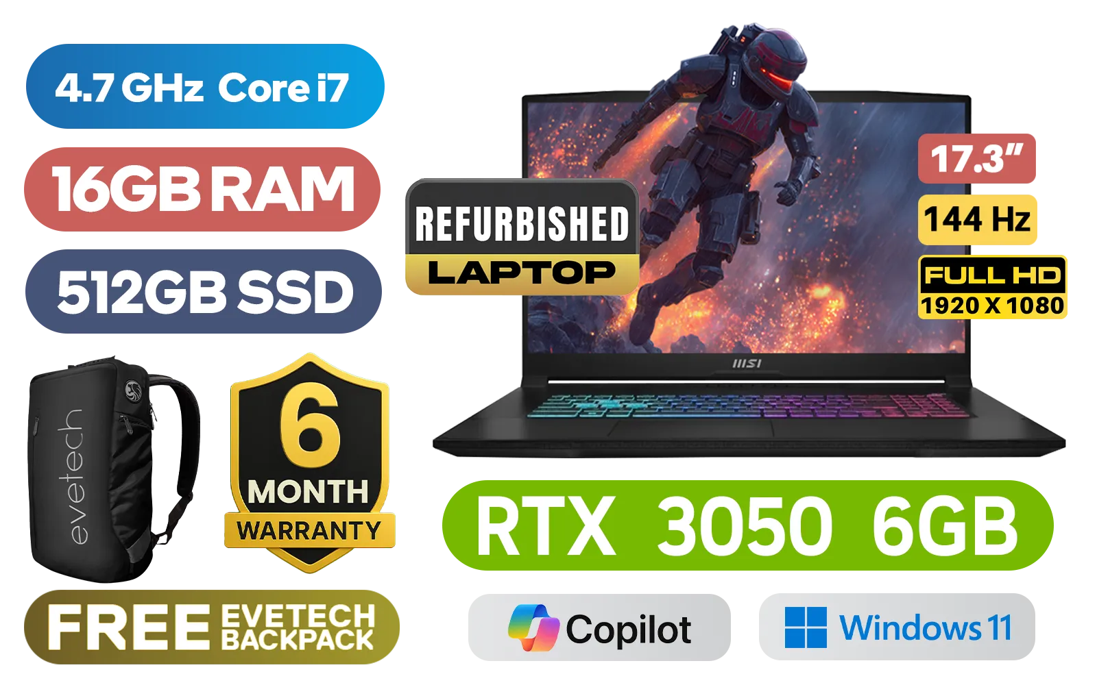 MSI Katana 17 B12UDXK Core i7 RTX 3050 Refurbished Gaming Laptop