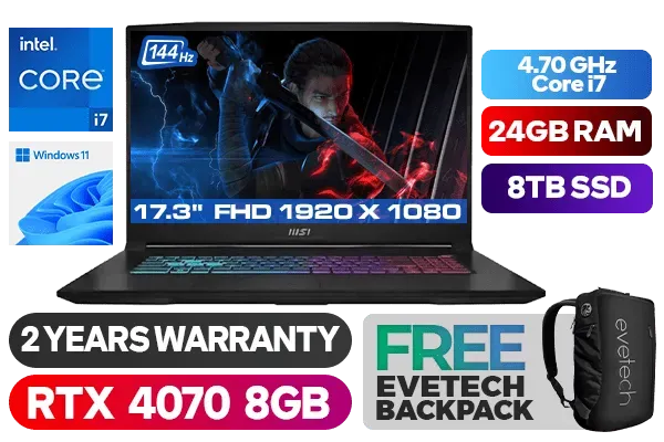 MSI Katana 17 B12VGK Intel Core i7 RTX 4070 Gaming Laptop With 24GB RAM & 8TB SSD - image 1 MSI Katana 17 B12VGK Intel Core i7 RTX 4070 Gaming Laptop With 24GB RAM & 8TB SSD - image 1