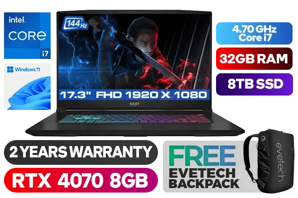 MSI Katana 17 B12VGK Intel Core i7 RTX 4070 Gaming Laptop With 32GB RAM & 8TB SSD - image 1 MSI Katana 17 B12VGK Intel Core i7 RTX 4070 Gaming Laptop With 32GB RAM & 8TB SSD - image 1