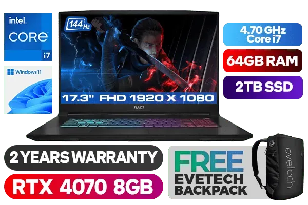 MSI Katana 17 B12VGK Intel Core i7 RTX 4070 Gaming Laptop With 64GB RAM & 2TB SSD - image 1 MSI Katana 17 B12VGK Intel Core i7 RTX 4070 Gaming Laptop With 64GB RAM & 2TB SSD - image 1