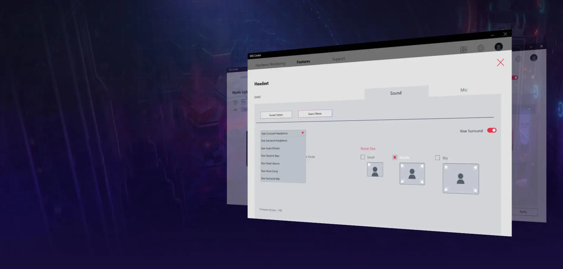 MSI MAESTRO 300 headset showcasing MSI Center software dashboard