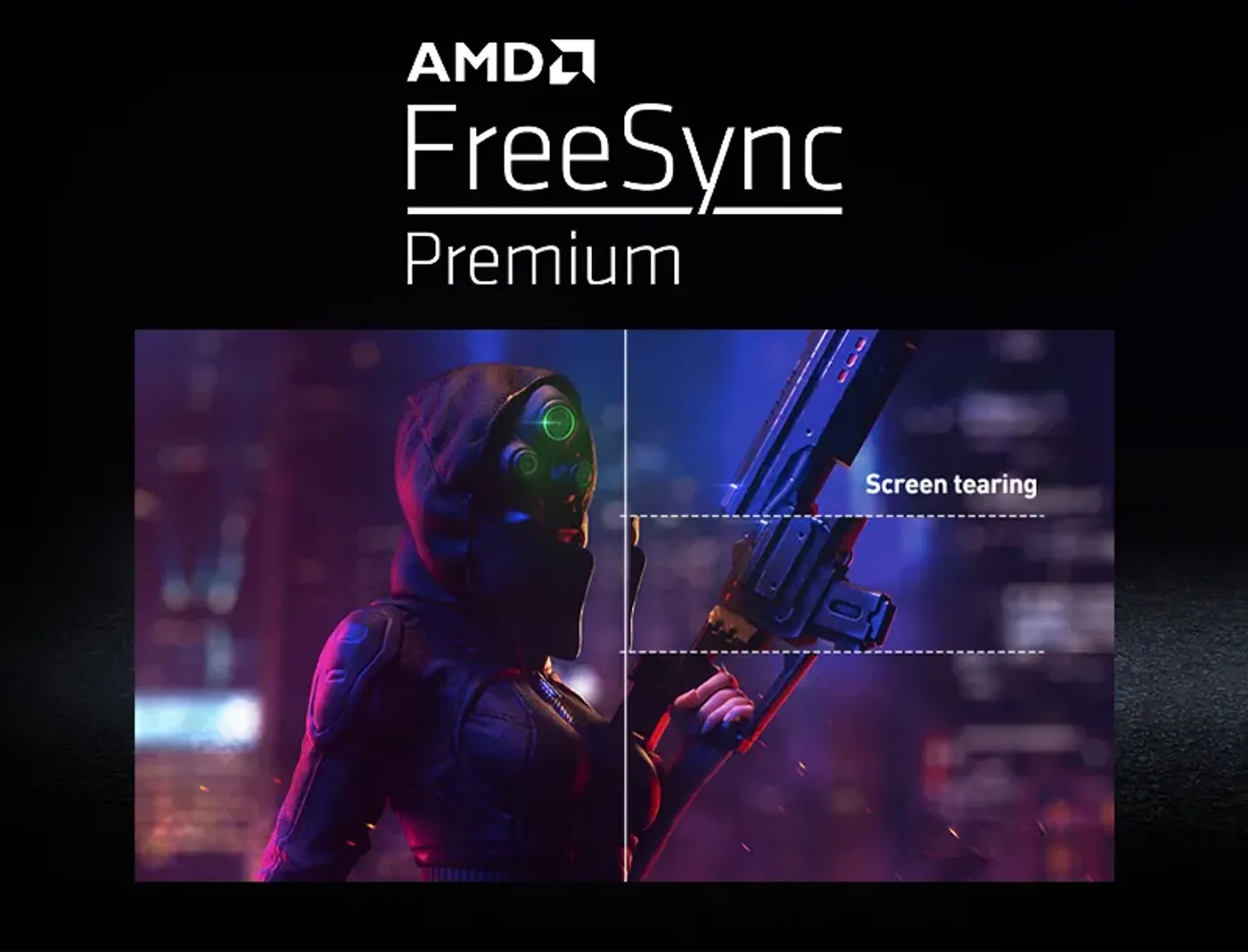 Gaming monitor displaying FreeSync Premium tear-free performance