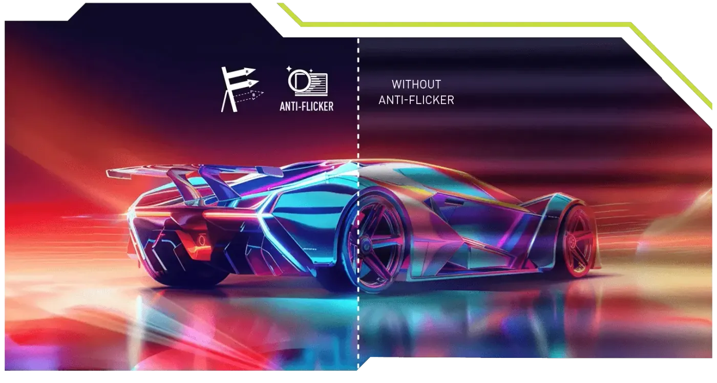 Graphic showing the Anti-Flicker and Less Blue Light comfort technologies
