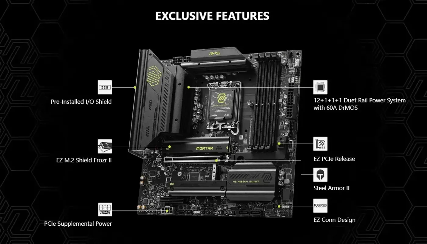 MSI MAG B860M MORTAR WiFi motherboard viewed from the side with its heatsinks visible