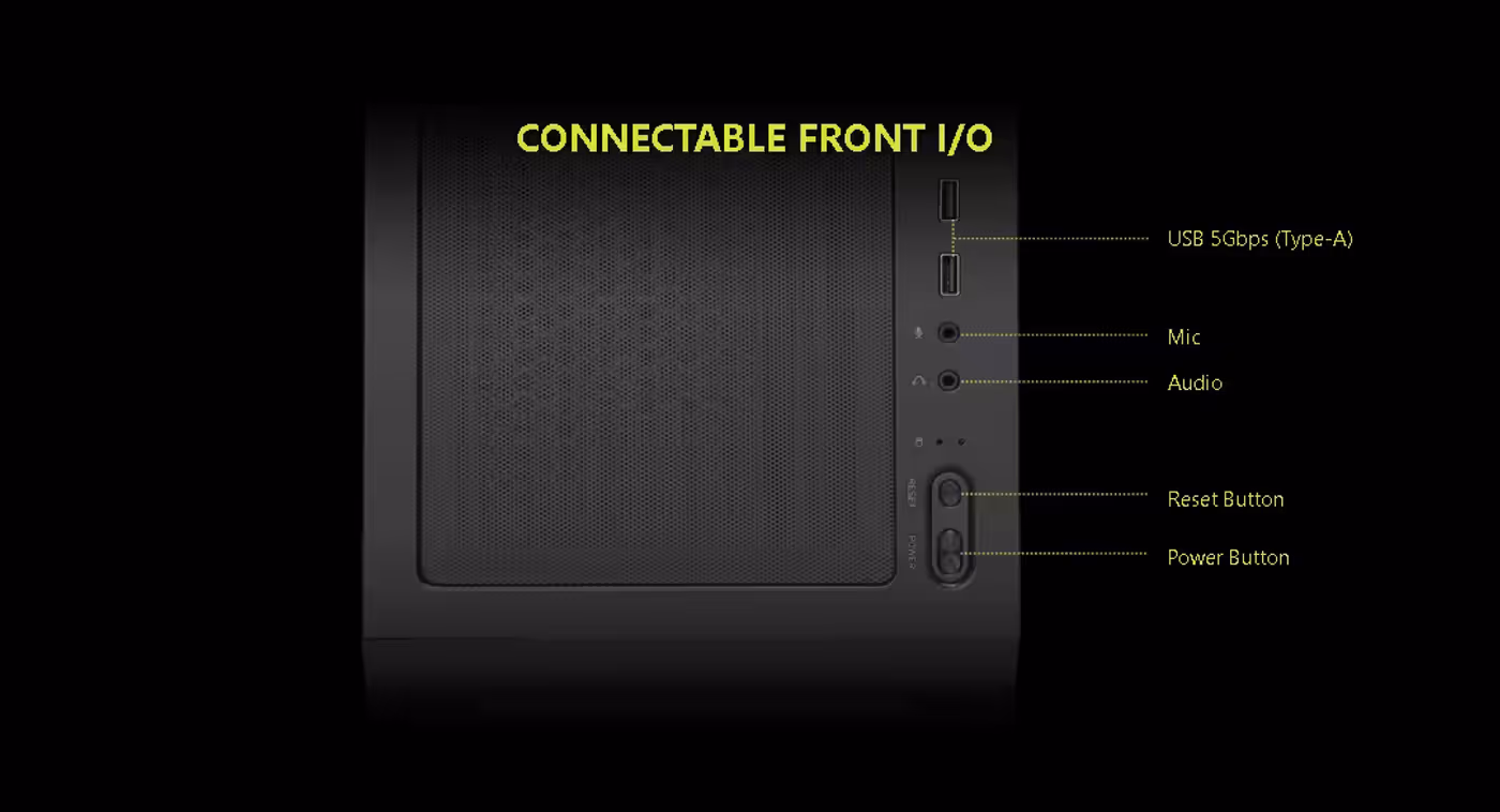 Front I/O panel featuring USB 5Gbps, audio ports, and power controls