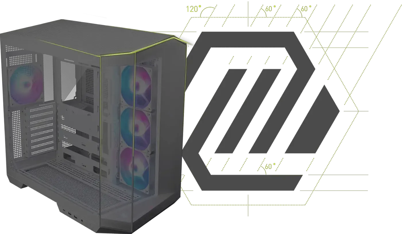 Angled view of the MSI MAG PANO 100R PZ gaming case showcasing its unique chassis design