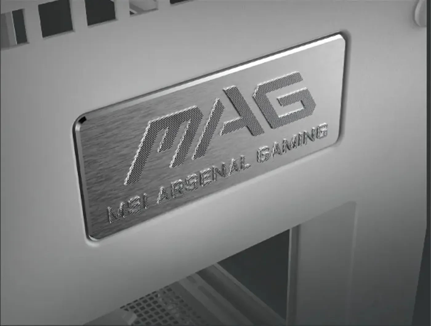 Premium metal nameplate design on the MSI MAG PANO 100R chassis