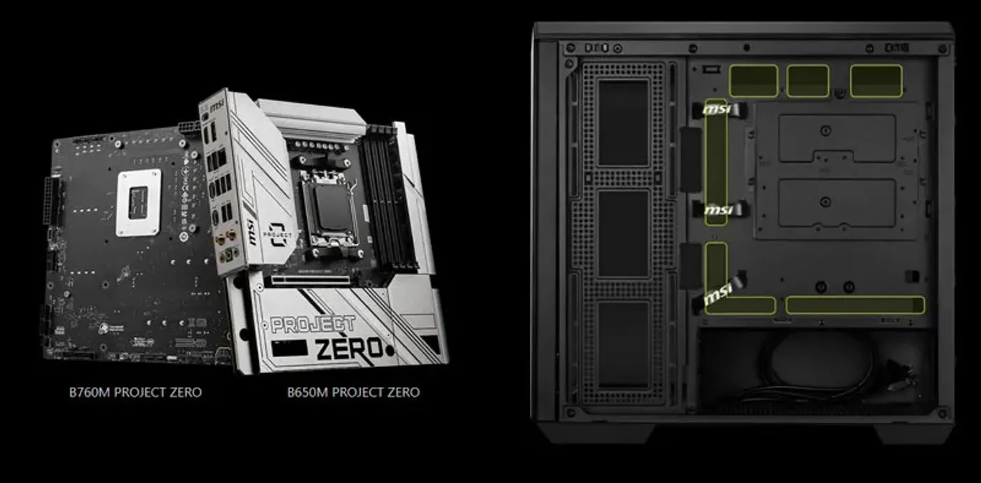 Back-connect motherboard installed in the black M100R PZ
