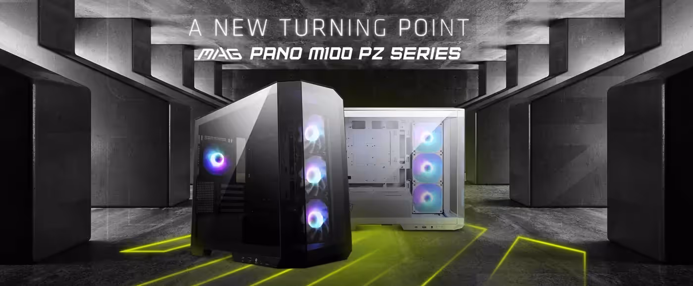 MSI MAG PANO M100R PZ black Micro-ATX case seen from the front corner