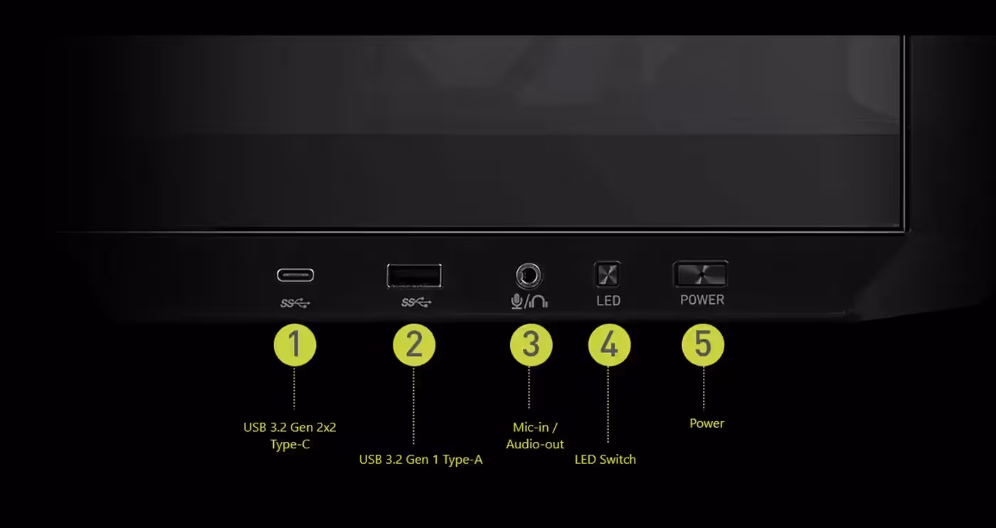 Front I/O panel on the MSI MAG PANO M100R PZ case