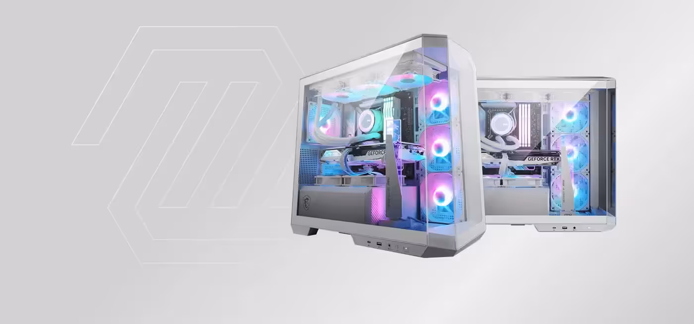 MSI MAG PANO M100R PZ showing an ARGB build through the panoramic glass