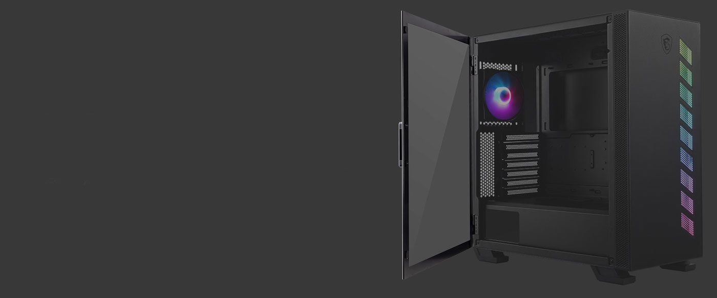 Hinged tempered glass side window on the MSI MAG VAMPIRIC 300R