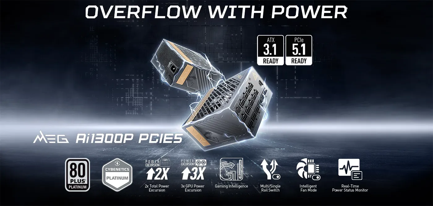 MSI MEG Ai1300P 1300W PCIe 5 gaming power supply shown from the side