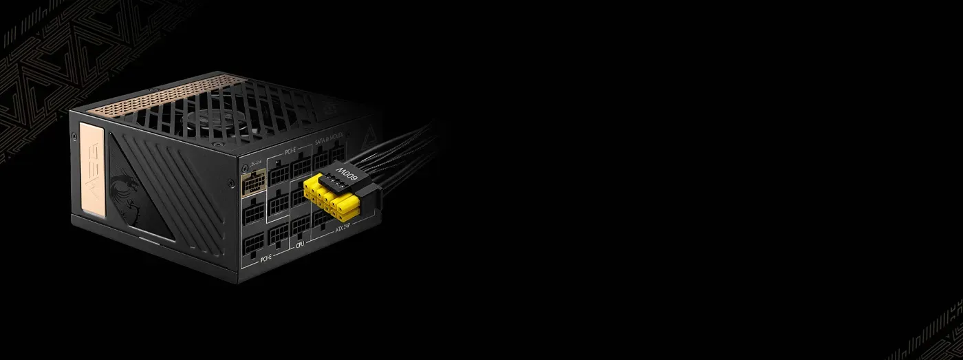 Native 16-pin connector on the MSI MEG Ai1300P powering a graphics card