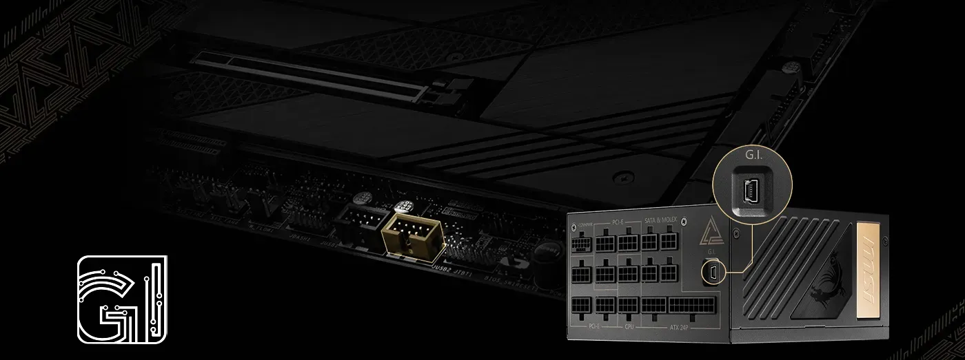 Mini-USB header on the MSI MEG Ai1300P for MSI Center integration