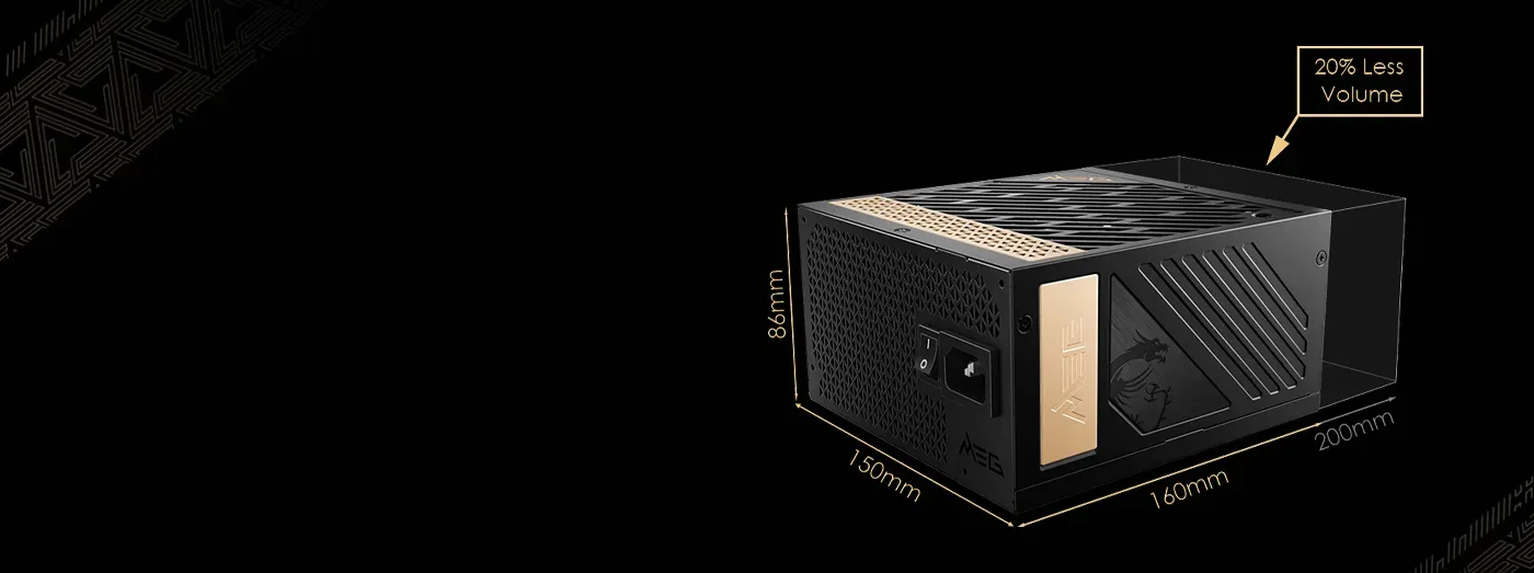 Compact 160mm by 150mm chassis dimensions of the MSI MEG Ai1300P