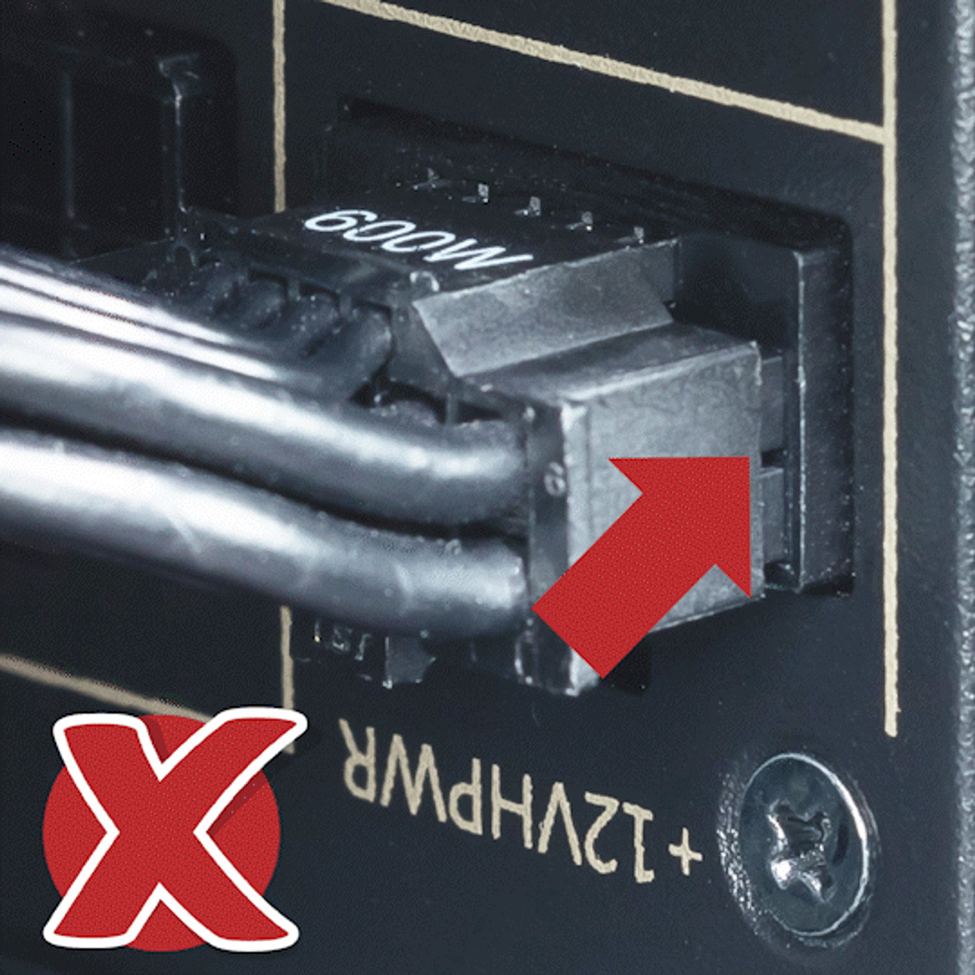 Animation showing the 16-pin cable fully seated at the PSU end