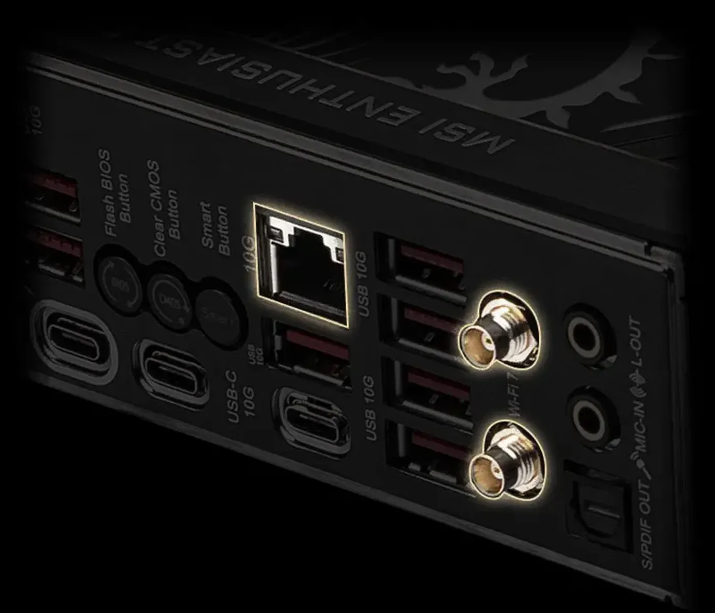 Connectivity overview showing 10G LAN and Wi-Fi 7 antenna support