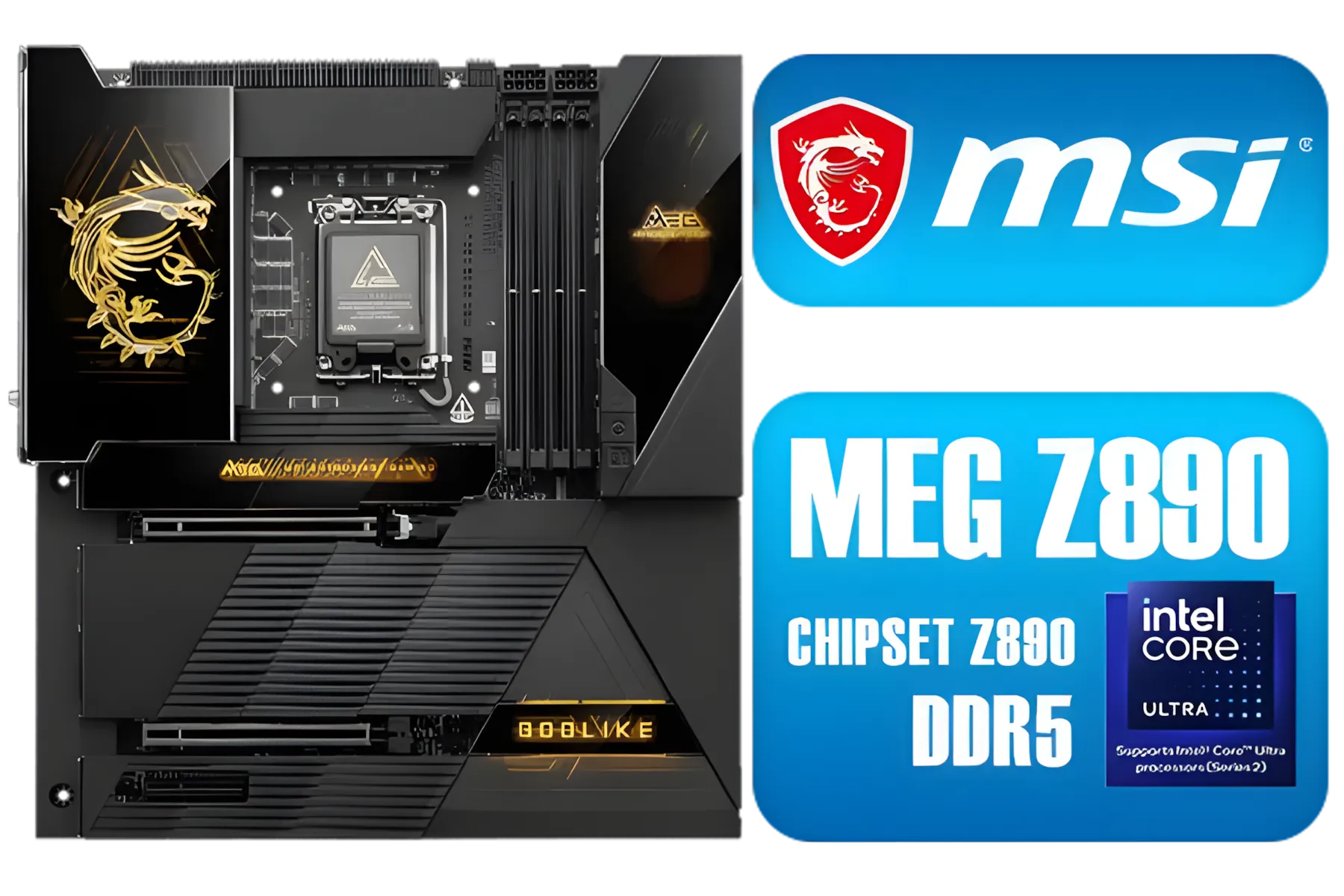 MSI MEG Z890 GODLIKE, E-ATX - Supports Intel Core Ultra Processors (Series 2), LGA 1851 - Dynamic Dashboard III, EZ Slide M.2, DDR5 (9200+ MT/s OC), M.2 & PCIe 5.0, Thunderbolt 5, Wi-Fi 7, 10G LAN  / 911-7E21-002