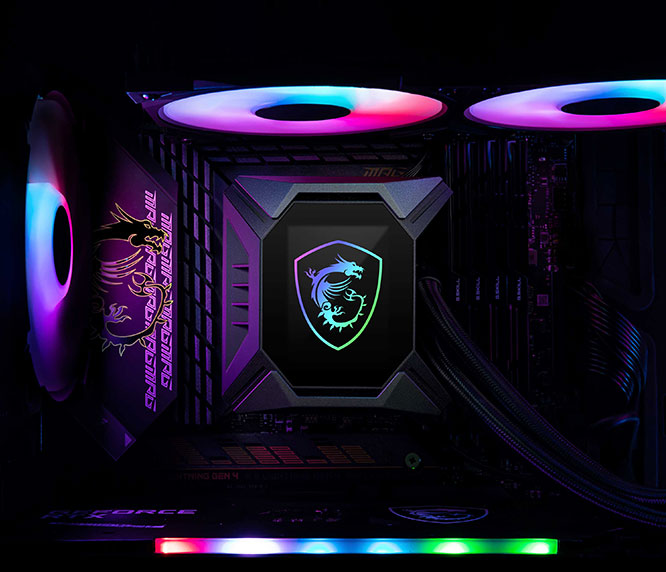 Close-up of MSI MPG CoreLiquid K240 V2 ARGB CPU Cooler
