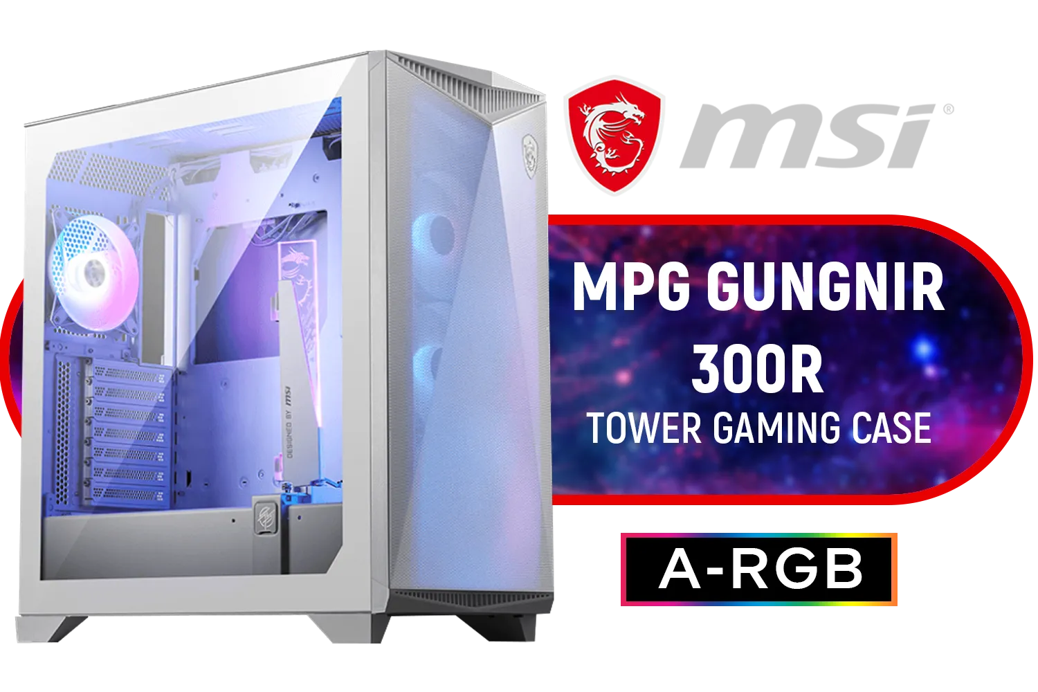 MSI MPG GUNGNIR 300R Airflow Gaming Case - White /  Mid-Tower Case Form Factor / EATX, ATX, M-ATX, ITX / Pre-installed 4x 120mm ARGB Fans / Tempered Glass / 306-7G21W21-W57