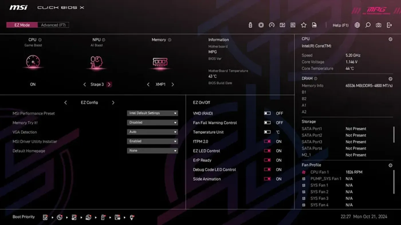 Interface showing Game Boost, AI Boost, and XMP overclocking options