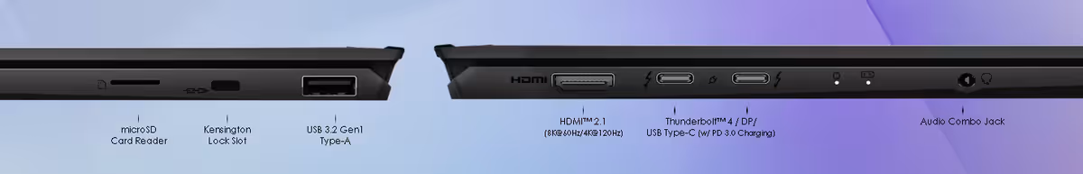 Side profile showing ports including Thunderbolt 4, HDMI 2.1, and USB Type-A