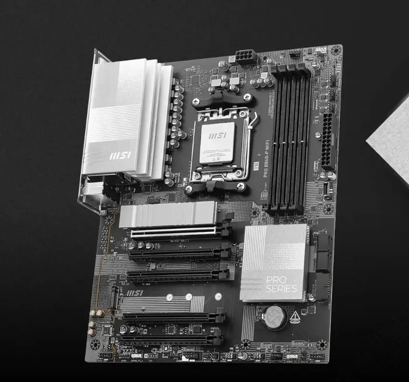 MSI PRO B840-P WIFI motherboard showcasing its silver design and hardware layout