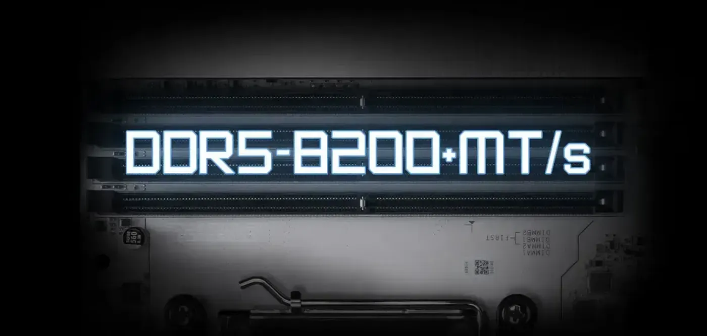 Close-up of motherboard DIMM slots emphasizing DDR5 stability and overclocking support