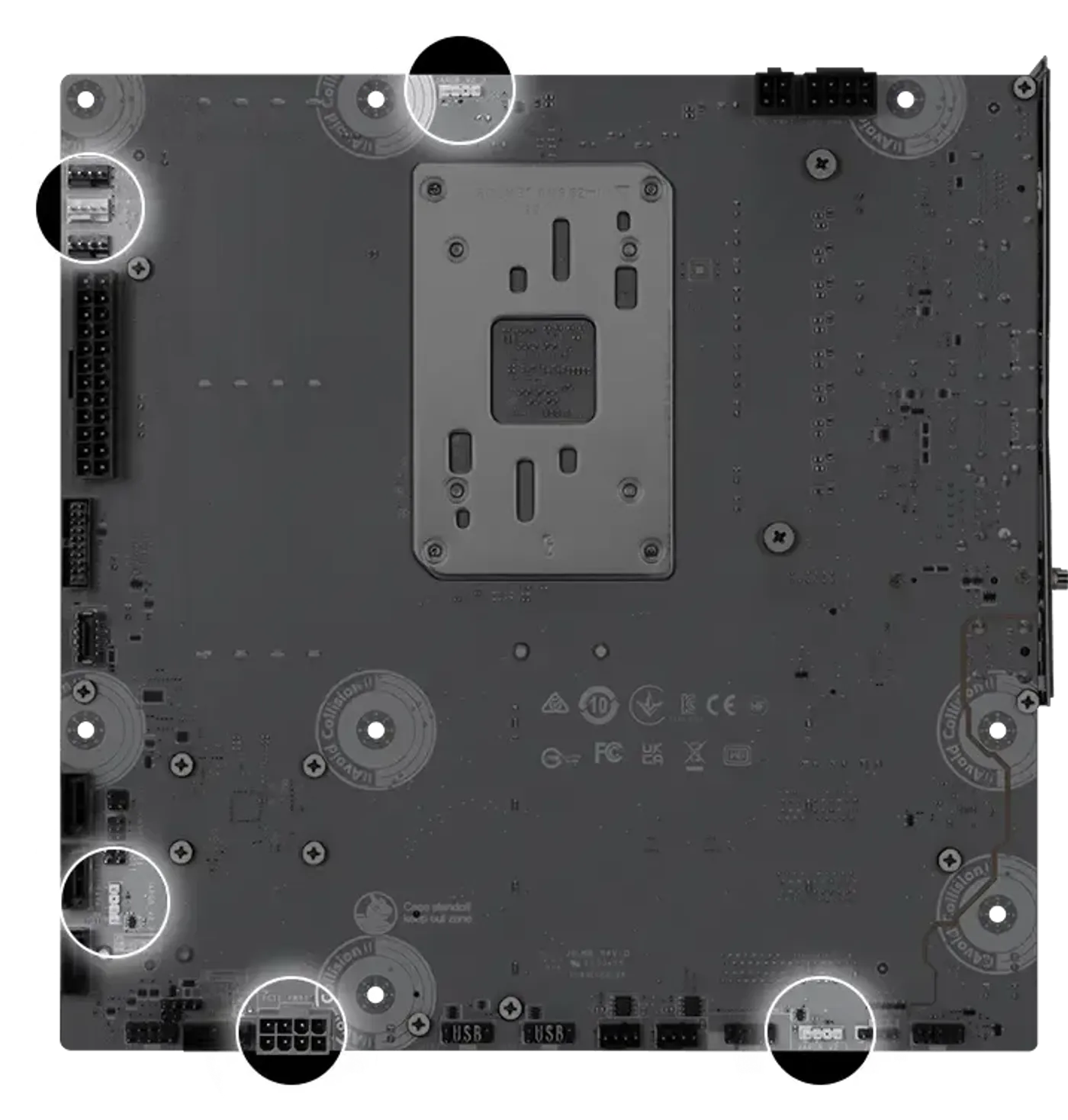 Motherboard showing color-coded RGB headers and clear component labels for easy installation