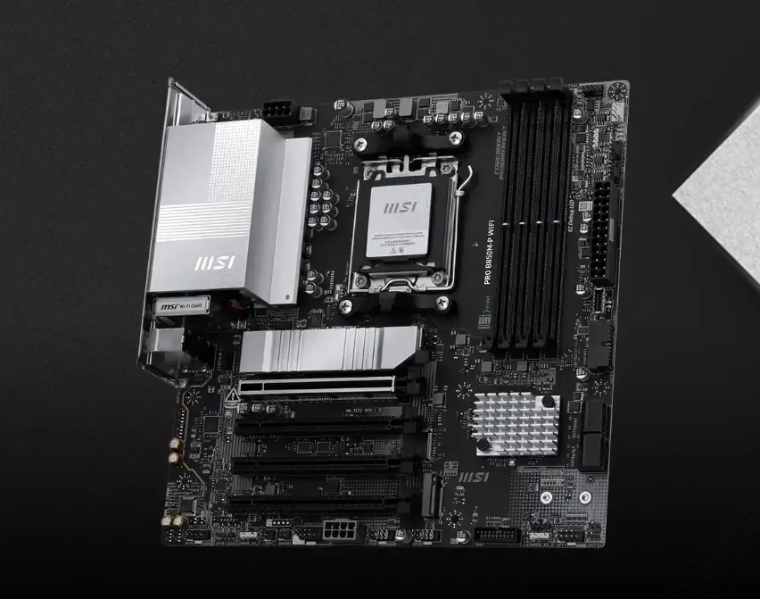 Close-up of MSI PRO B850M-P WIFI motherboard highlighting sleek design and advanced gaming features