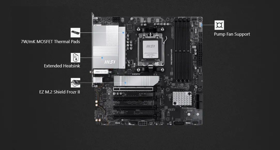 MSI PRO B850M-G motherboard with innovative cooling system, thermal management, and durable design for overclocking