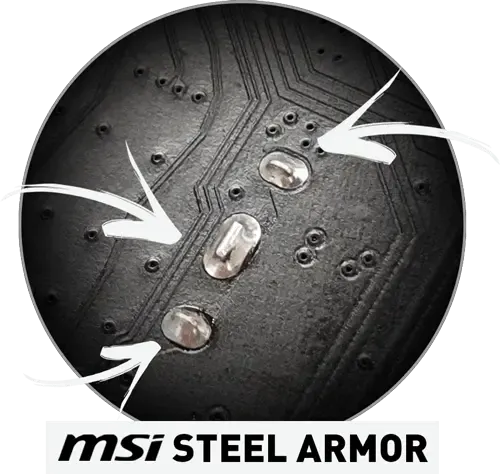 MSI motherboard with <strong>Steel Armor II</strong> providing reinforced connections for <strong>heavy graphics cards</strong>