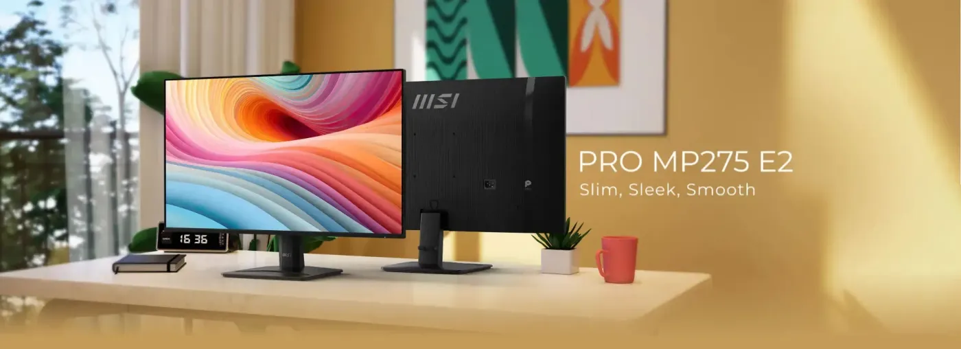 MSI PRO MP275 E2 27-inch monitor shown front-on in black with a thin four-side bezel